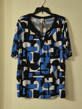 Women’s Short Sleeve Geometric Print Top in Black, Blue & White